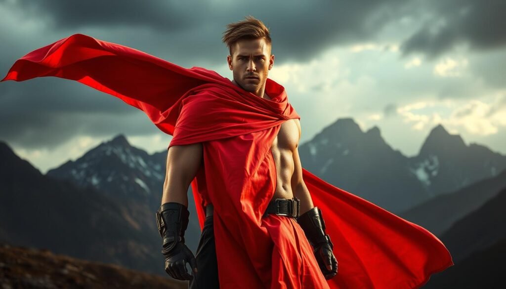 A powerful figure stands tall, donning a vibrant crimson cloak that billows dramatically in the wind. The lighting casts a warm, intense glow, accentuating the determined expression on their face. In the background, a landscape of towering mountains and stormy skies suggests a sense of high-stakes conflict and challenge. The composition is balanced, with the subject commanding the foreground while the environment sets a captivating, almost ominous tone. This image encapsulates the psychological tension between aggression and calm, the strategic biases that shape competitive team dynamics.