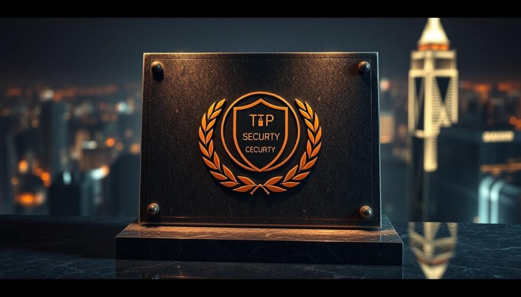 A prestigious security certification displayed prominently on a polished granite plaque, backlit by a warm, ambient glow. The plaque's surface reflects the certification's emblem, creating a sense of depth and solidity. The background features a subtly blurred cityscape, hinting at the certification's widespread industry recognition. Soft, directional lighting casts dramatic shadows, emphasizing the certification's gravitas and authority. The overall composition conveys a feeling of accomplishment, trust, and prestige associated with this highly respected security credential.