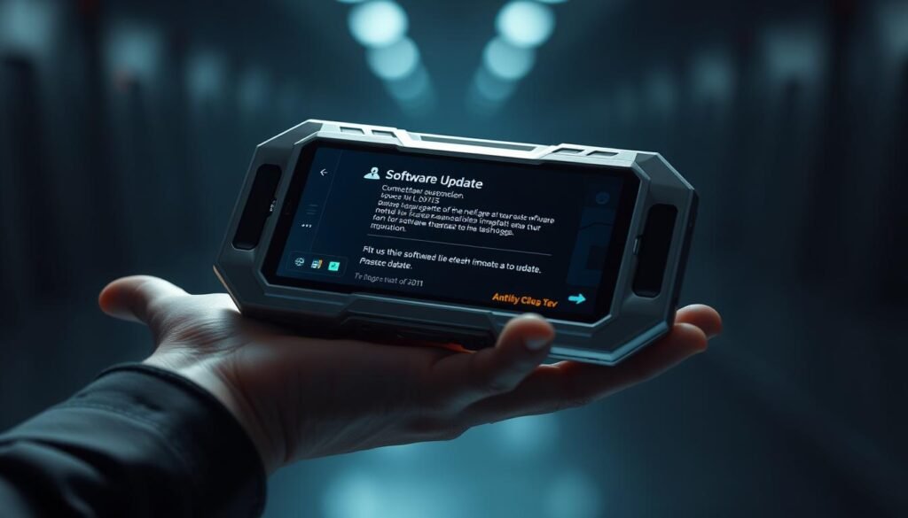 A professional, futuristic-looking device with an immersive, high-resolution display prominently showcasing software update notifications. The device is held in an outstretched hand, with a clean, minimalist industrial design in silver and black tones. Soft, directional lighting casts an atmospheric glow, highlighting the crisp, detailed UI elements. The scene conveys a sense of technological progress and the importance of keeping devices up-to-date for optimal security and performance.