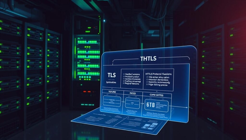 A professional network security setup with a large central server rack, surrounded by a grid of smaller network devices. The rack features glowing green and blue status lights, hinting at the advanced security configurations within. In the foreground, a floating holographic interface displays detailed technical diagrams of TLS protocol versions, cipher suites, and security features. The atmosphere is one of high-tech sophistication, with dramatic lighting casting long shadows and a sense of technological power. The overall scene conveys the importance of properly hardening TLS to achieve a truly secure HTTPS configuration.