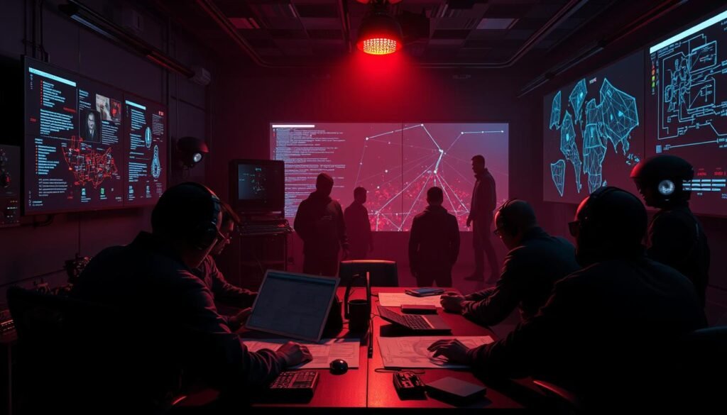 A red team assessment unfolds in a dimly lit war room, tension palpable. In the foreground, a team of cybersecurity experts review schematics and network diagrams, meticulously planning their attack strategy. Shadowy figures in the background represent the adversary, their movements tracked on a large digital display. Overhead, a single spotlight casts an ominous glow, emphasizing the gravity of the situation. The room is adorned with tactical gear, surveillance equipment, and a sense of strategic focus. This scene conveys the high-stakes nature of a red team assessment, where skilled defenders work to uncover vulnerabilities and strengthen organizational defenses.