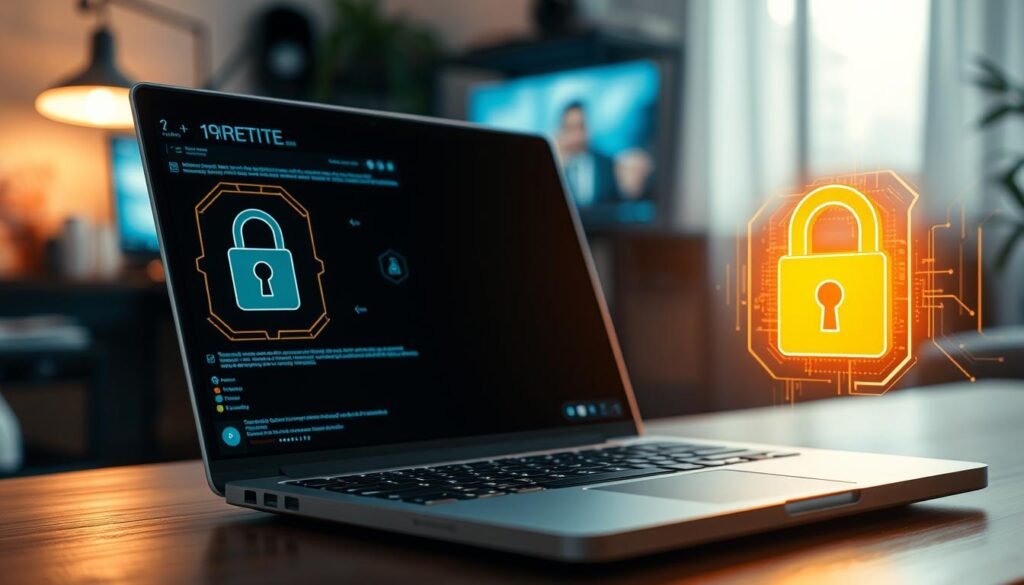 A remote worker's laptop against a blurred background of a home office. In the foreground, a security lock icon and glowing cybersecurity interface, indicating robust endpoint protection. The laptop is bathed in warm, soft lighting, conveying a sense of safety and control. The overall scene evokes a productive, secure, and visually appealing home workspace for the remote or hybrid employee.