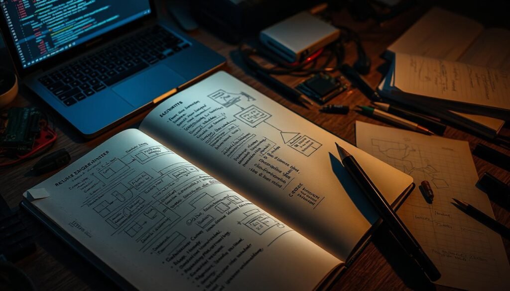 A reverse engineer's notebook lies open, its pages filled with diagrams, annotations, and code snippets. The dim glow of a laptop screen illuminates the workspace, casting dramatic shadows that accentuate the intricate details. Scattered around are various electronic components, tools, and notes, all meticulously arranged to aid the engineer's investigation. The atmosphere is one of intense focus and determination, as the reverse engineer delves into the inner workings of a suspicious software application, seeking to uncover its hidden secrets and expose any malicious intent. A reverse engineer's notebook lies open, its pages filled with diagrams, annotations, and code snippets. The dim glow of a laptop screen illuminates the workspace, casting dramatic shadows that accentuate the intricate details. Scattered around are various electronic components, tools, and notes, all meticulously arranged to aid the engineer's investigation. The atmosphere is one of intense focus and determination, as the reverse engineer delves into the inner workings of a suspicious software application, seeking to uncover its hidden secrets and expose any malicious intent.
