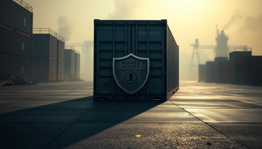 A secure Docker container stands tall, its surface shimmering with a metallic sheen, symbolizing the robust protection within. In the foreground, a padlock icon and a shield represent the layers of security measures implemented, casting long shadows on the ground. The middle ground features intricately detailed Docker logos, their shapes interlocking to form a seamless, fortified design. In the background, a hazy, industrial landscape suggests the harsh production environment, emphasizing the need for unwavering container security. Dramatic lighting casts dramatic shadows, evoking a sense of gravity and importance. The overall mood is one of strength, resilience, and the unwavering commitment to safeguarding critical applications and data. A secure Docker container stands tall, its surface shimmering with a metallic sheen, symbolizing the robust protection within. In the foreground, a padlock icon and a shield represent the layers of security measures implemented, casting long shadows on the ground. The middle ground features intricately detailed Docker logos, their shapes interlocking to form a seamless, fortified design. In the background, a hazy, industrial landscape suggests the harsh production environment, emphasizing the need for unwavering container security. Dramatic lighting casts dramatic shadows, evoking a sense of gravity and importance. The overall mood is one of strength, resilience, and the unwavering commitment to safeguarding critical applications and data.