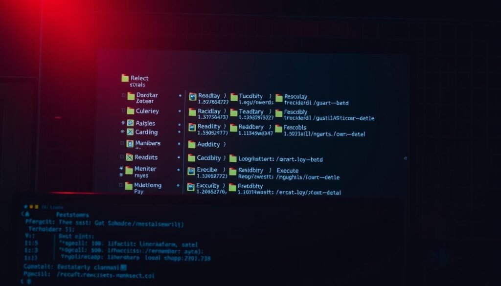 A secure Linux directory, dimly lit by soft ambient lighting, showcases a nested structure of folders and files. The foreground displays a terminal window, the cursor blinking, awaiting commands to manage permissions. In the middle ground, a directory tree unfolds, each folder and file adorned with symbolic indicators of read, write, and execute access rights. The background features a subtle grid pattern, hinting at the underlying filesystem architecture. The scene conveys a sense of controlled access, system administration, and the importance of maintaining robust security measures within the Linux environment.