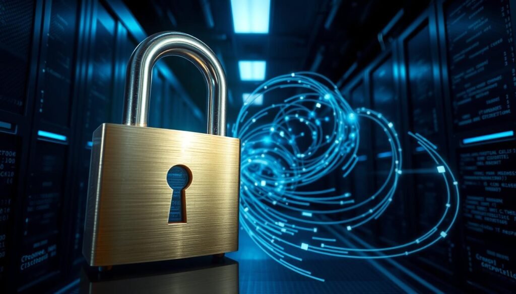 A secure SSL/TLS certificate, represented by a gleaming, metallic lock, dominates the foreground against a backdrop of a dimly lit server room. Intricate code and data flows swirl in the middle ground, symbolizing the complex web of network communications protected by the certificate. In the background, ominous shadows loom, hinting at the potential consequences of ignoring SSL/TLS misconfigurations, such as data breaches and compromised trust. The scene is illuminated by a cool, blue-tinted lighting, creating a sense of seriousness and urgency, emphasizing the critical importance of proper SSL/TLS management.