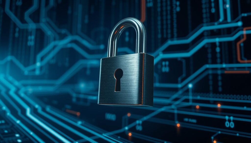 A secure SSL/TLS certificate, represented by a metallic, three-dimensional lock icon, floats against a backdrop of a dark, digital landscape. The lock's surface reflects the glow of a series of binary code lines and data streams that flow through the scene, conveying the technical complexity of SSL/TLS encryption. The lighting is dramatic, with a strong directional light casting sharp shadows and highlights on the lock, emphasizing its solidity and importance. The overall mood is one of seriousness and high-stakes, underscoring the critical nature of properly configured SSL/TLS certificates for secure online communication.