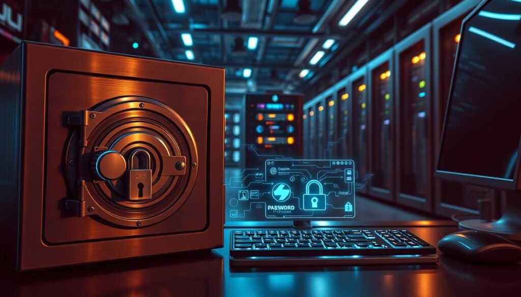 A secure computer setup with a solid password management system. In the foreground, a locked safe or vault with an advanced biometric lock, representing the secure storage of sensitive credentials. In the middle ground, a stylized keyboard with secure symbols and encrypted data flowing through it. In the background, a high-tech server room or data center, with servers and networking equipment, conveying the importance of robust infrastructure for credential security. The lighting should be dramatic, with a mix of directional spotlights and ambient glow, creating depth and emphasizing the technical details. The overall mood should be one of confidence and assurance in the ability to protect sensitive information. A secure computer setup with a solid password management system. In the foreground, a locked safe or vault with an advanced biometric lock, representing the secure storage of sensitive credentials. In the middle ground, a stylized keyboard with secure symbols and encrypted data flowing through it. In the background, a high-tech server room or data center, with servers and networking equipment, conveying the importance of robust infrastructure for credential security. The lighting should be dramatic, with a mix of directional spotlights and ambient glow, creating depth and emphasizing the technical details. The overall mood should be one of confidence and assurance in the ability to protect sensitive information.