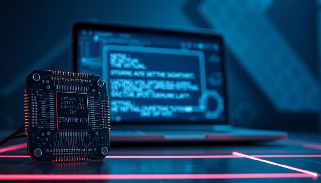 A secure computer startup sequence, backlit by a soft glow. In the foreground, a stylized microchip with intricate circuits and patterns, symbolizing the core of the secure boot process. In the middle ground, a sleek, metallic laptop or desktop, its screen displaying a verification sequence with cryptic codes and digital signatures. The background is a minimalist, tech-inspired environment, with subtle grid lines and subtle hexagonal patterns, conveying a sense of digital security and protection. The lighting is cool-toned, creating a sense of precision and technical sophistication. The overall composition suggests the reliable and trustworthy nature of the secure boot process, safeguarding the system against potential threats.