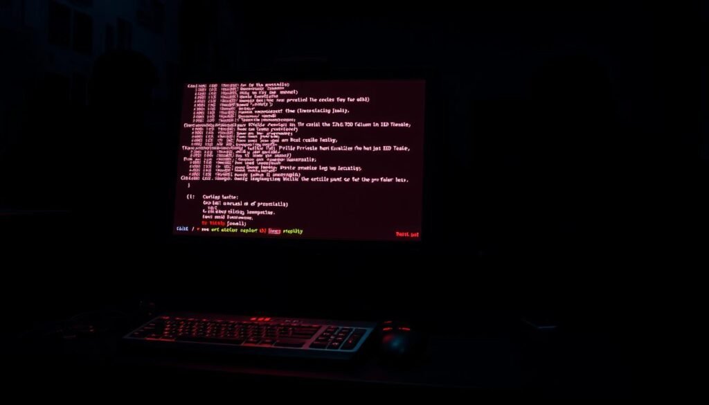 A secure computer terminal sits atop a dark, foreboding desk, its screen illuminated by an eerie, neon-like glow. Shadowy figures lurk in the background, their faces obscured, hinting at the nefarious activities unfolding. The terminal's command prompt displays lines of code, signifying the intricate process of privilege escalation, a crucial step in the red team's infiltration. The atmosphere is tense, with a sense of impending danger and the thrill of the digital hunt. Dramatic lighting creates deep shadows, adding to the ominous mood, as the red team probes for weaknesses, gradually ascending the system's hierarchy to achieve their objectives.