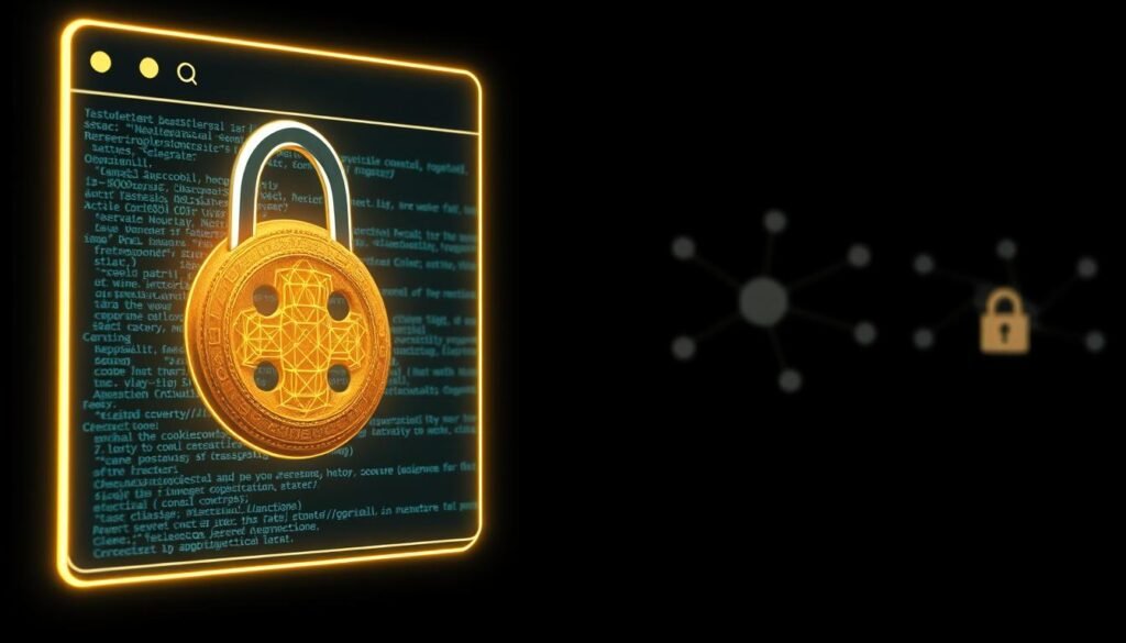 A secure cookie implementation, illuminated by a soft, diffused light. In the foreground, a stylized web browser window displays a cookie, its edges glowing with a subtle digital sheen. The cookie's surface reflects the intricate lines of code, symbolizing the secure protocols that govern its handling. In the middle ground, a network of interconnected nodes represents the secure data transmission channels. The background features a minimalist, dark-toned backdrop, emphasizing the importance of this crucial web security measure.