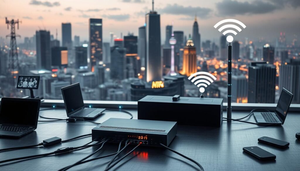 A secure corporate network with a VPN tunnel, Bluetooth devices, and public Wi-Fi access points. In the foreground, a central router connects the various components, with data packets flowing through cables. The middle ground features desktop computers, laptops, and mobile devices, all linked to the network. In the background, a cityscape with skyscrapers and cell towers suggests the broader technological landscape. The lighting is soft and muted, conveying a sense of professionalism and reliability. The camera angle is slightly elevated, providing an overview of the network's structure and interconnectivity.