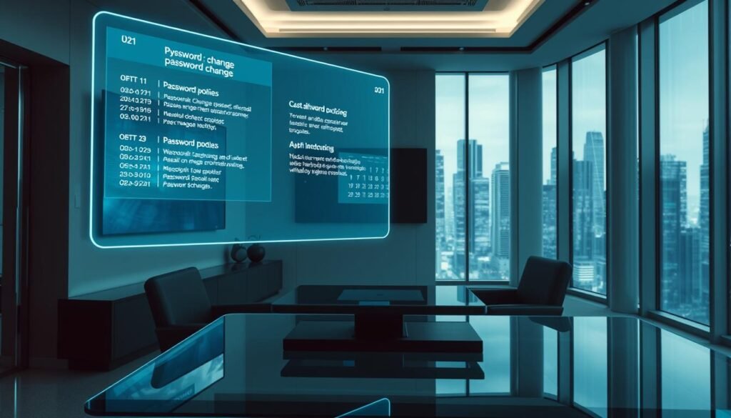 A secure corporate office interior with a sleek, modern design. In the foreground, a holographic display hovers above a glass-topped desk, showcasing a rotating series of password policies and update schedules. Soft, directional lighting illuminates the scene, casting subtle shadows and creating a professional, high-tech atmosphere. In the middle ground, a large wall-mounted monitor displays a calendar with regular password change reminders. The background features floor-to-ceiling windows overlooking a bustling city skyline, reinforcing the importance of cybersecurity in a digital world.