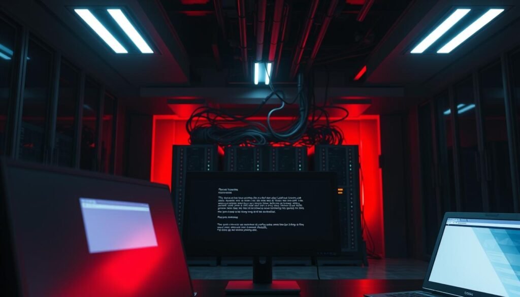 A secure corporate office with a sleek, modern interior. In the foreground, a suspicious-looking email message is displayed on a large desktop monitor, conveying a sense of digital vulnerability. In the middle ground, a network of servers and cables hint at the complex infrastructure that could be targeted by ransomware. The background is bathed in an ominous red glow, creating a tense and foreboding atmosphere. Dramatic lighting from above casts dramatic shadows, emphasizing the threat of an impending cyber attack. The overall scene suggests the insidious nature of ransomware delivery methods and the need for vigilance in protecting digital assets. A secure corporate office with a sleek, modern interior. In the foreground, a suspicious-looking email message is displayed on a large desktop monitor, conveying a sense of digital vulnerability. In the middle ground, a network of servers and cables hint at the complex infrastructure that could be targeted by ransomware. The background is bathed in an ominous red glow, creating a tense and foreboding atmosphere. Dramatic lighting from above casts dramatic shadows, emphasizing the threat of an impending cyber attack. The overall scene suggests the insidious nature of ransomware delivery methods and the need for vigilance in protecting digital assets.