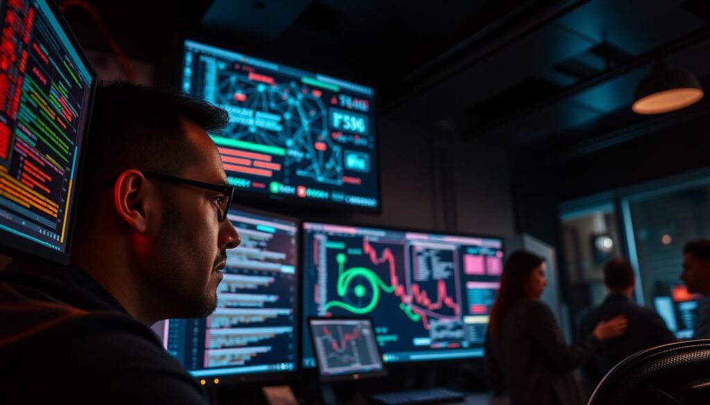 A secure cybersecurity control room, dimly lit with a warm glow from the displays. In the foreground, a network analyst closely monitors real-time threat data, their brow furrowed in concentration. The middle ground showcases a large wall-mounted display, visualizing network traffic patterns and anomalies, guiding the hunt for potential threats. In the background, a team of cybersecurity professionals collaborates, their expressions focused as they analyze and respond to emerging security events. The atmosphere is one of heightened vigilance, where every second counts in the race to detect and mitigate cyber threats.