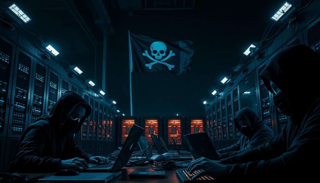 A secure data center at night, brightly lit by floodlights. In the foreground, a group of hackers wearing hoodies and masks focus intently on their laptops, lines of code reflected in their eyes. In the middle ground, a tangle of network cables and blinking servers, guarded by motion-activated cameras. In the background, a large, imposing flag with a stylized skull and crossbones symbol, fluttering in a gentle breeze. The atmosphere is tense, with a palpable sense of competition and the thrill of the digital chase. The lighting is dramatic, casting deep shadows and highlighting the determination on the hackers' faces as they race to breach the system's defenses and capture the flag.