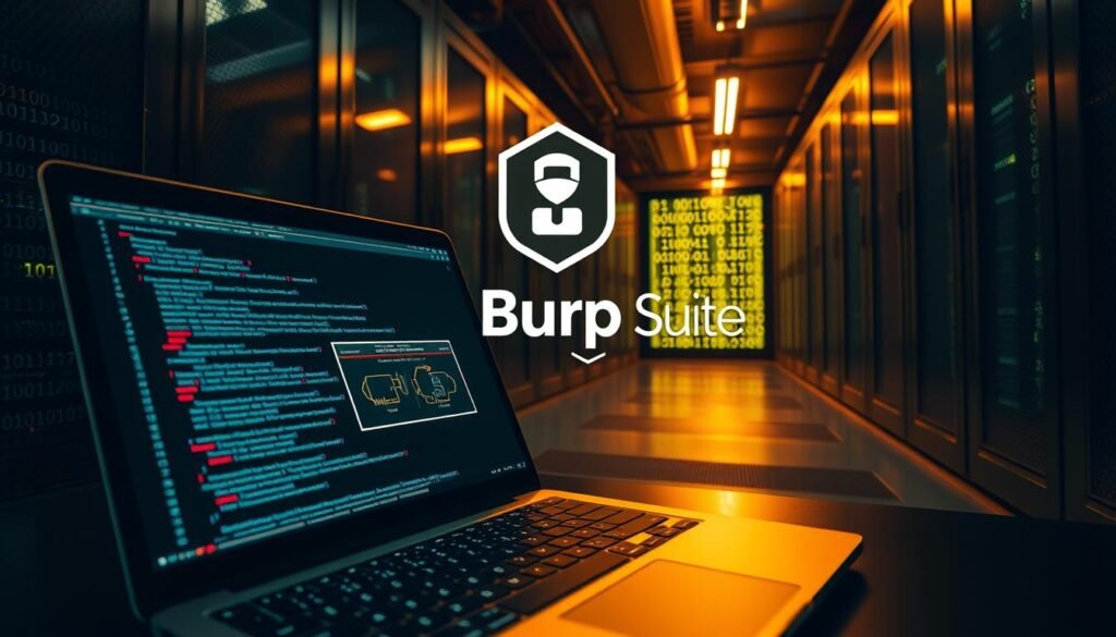 A secure data center, bathed in a warm, ambient glow. In the foreground, a sleek laptop displays a code editor, lines of text alluding to file upload vulnerabilities. On the screen, an intricate diagram highlights potential attack vectors, exposing weaknesses in the upload process. In the middle ground, a stylized Burp Suite logo hovers, symbolizing the powerful tool for web application security testing. The background features a subtle matrix of binary code, hinting at the complex nature of modern cybersecurity challenges. The scene conveys a sense of focus, determination, and the constant pursuit of safeguarding digital assets.