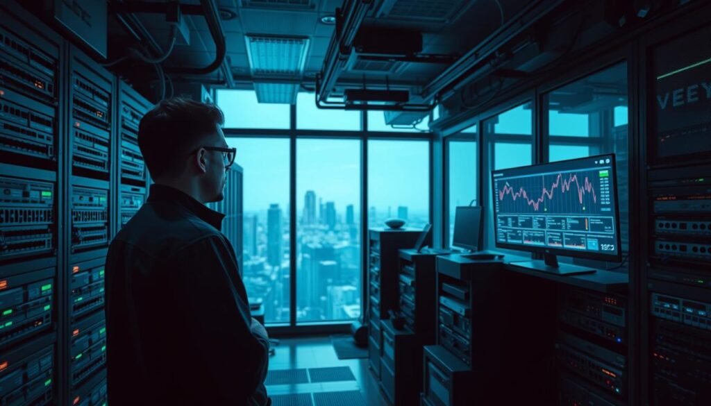 A secure data center filled with servers, routers, and network monitoring equipment. In the foreground, a network administrator examining a dashboard displaying real-time traffic analysis and anomaly detection. The middle ground showcases various network security tools and appliances, while the background depicts a cityscape through large windows, conveying a sense of the broader digital landscape. The scene is bathed in a cool, technical lighting, emphasizing the precision and methodical nature of traditional DDoS detection techniques.