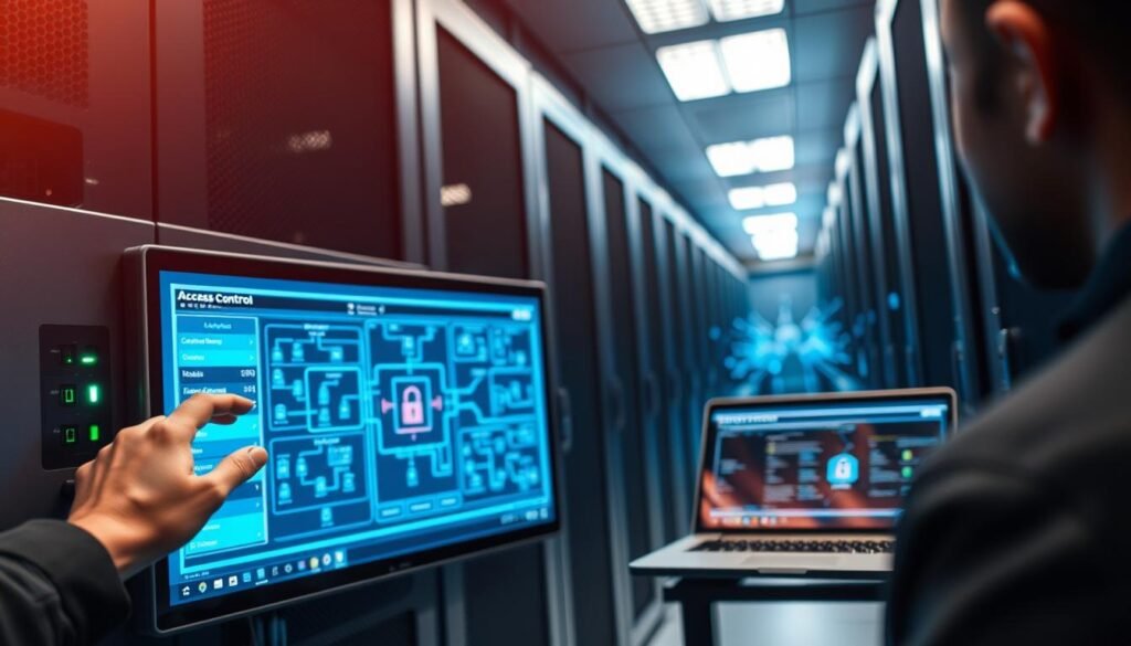 A secure data center, illuminated by soft overhead lighting, showcases a sleek access control panel. In the foreground, a tester's hand hovers near the panel, ready to input access credentials. The middle ground depicts a laptop displaying a detailed access control interface, its screen reflecting the tester's focused expression. In the background, a network diagram illustrates the interconnected systems responsible for managing access privileges. The scene conveys a sense of precision and professionalism, capturing the essence of thorough access control testing.
