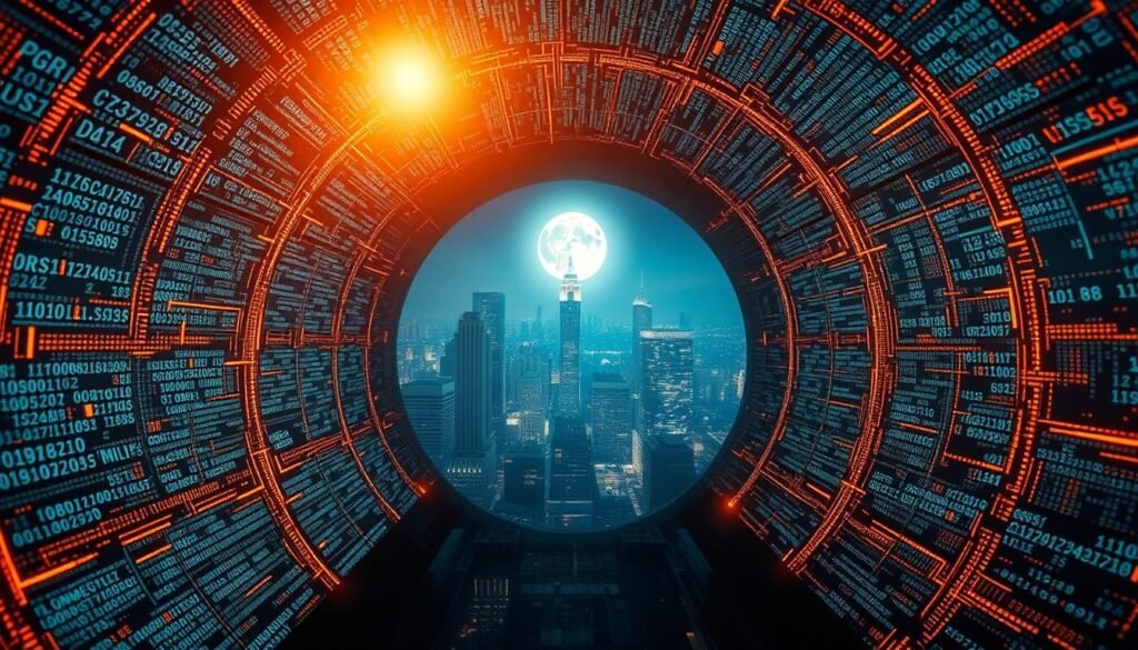 A secure data encryption tunnel flowing with digital information, illuminated by a warm, glowing light. The tunnel is constructed with intricate blockchain-inspired patterns, symbolizing the cryptographic processes at work. In the background, a cityscape of high-rise buildings represents the modern digital landscape, while a full moon casts a serene, ethereal glow over the scene. The overall atmosphere conveys a sense of importance, complexity, and the vital role of data security in today's connected world.