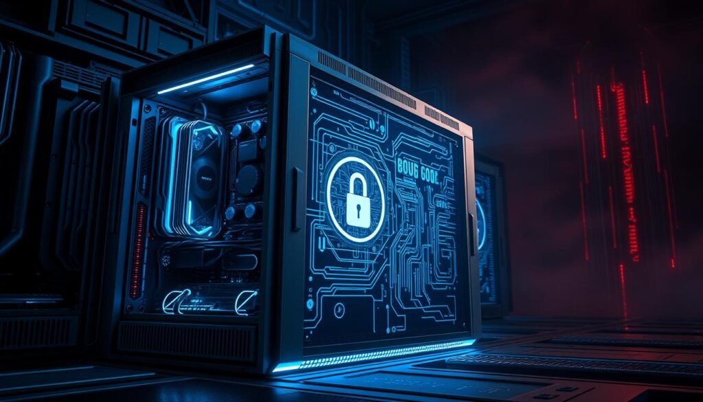 A secure digital fortress, its intricate circuits and safeguards glowing with an intense blue hue, stands resolute against the encroaching darkness of a malicious threat. Sleek metal casing and strategic cooling vents suggest advanced engineering, while a holographic display projects intricate schematics, signifying the system's vigilant monitoring. Ambient lighting casts dramatic shadows, heightening the sense of technological might and unwavering protection. This is the embodiment of Secure Boot, a powerful defense mechanism that shields the system's foundation, ensuring only authorized software can gain access, thwarting even the most persistent malware attempts.