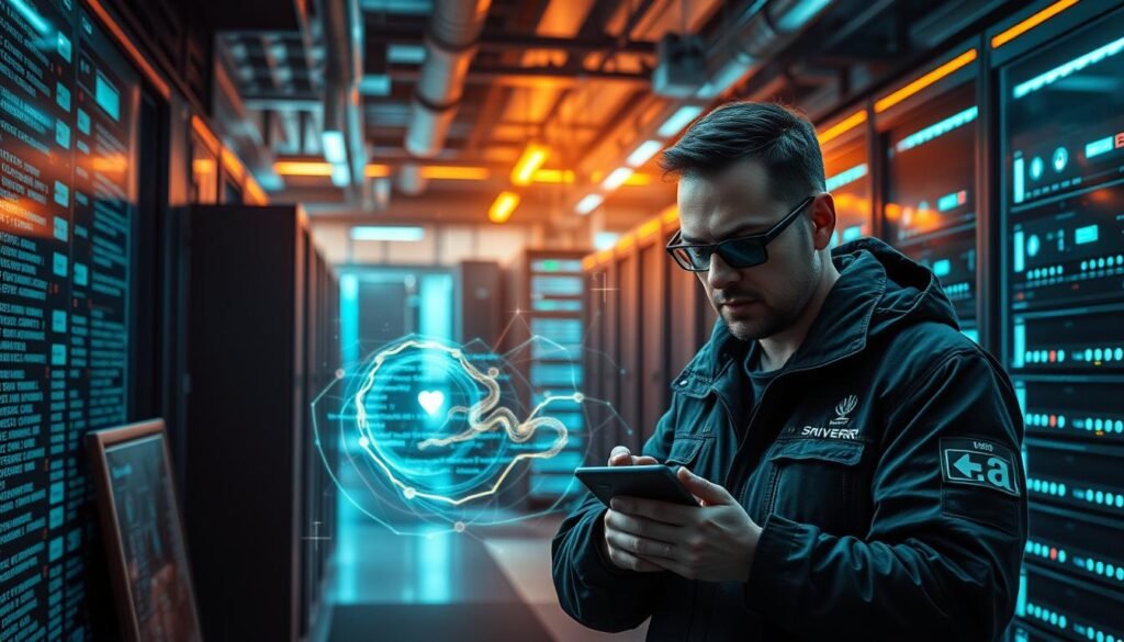 A secure digital fortress, its walls fortified against the onslaught of malicious code. In the foreground, a skilled cybersecurity expert carefully audits system vulnerabilities, armed with diagnostic tools and a vigilant gaze. The middle ground depicts a stylized representation of a command injection attack, with swirling lines of code and ominous symbols, all held at bay by a shimmering energy field. In the background, a sleek, modern data center hums with activity, its servers and networks protected by layers of advanced security measures. Warm lighting casts a reassuring glow, while a sense of technological prowess and vigilance permeates the scene, signifying the triumph of proactive defense against the threat of command injection.
