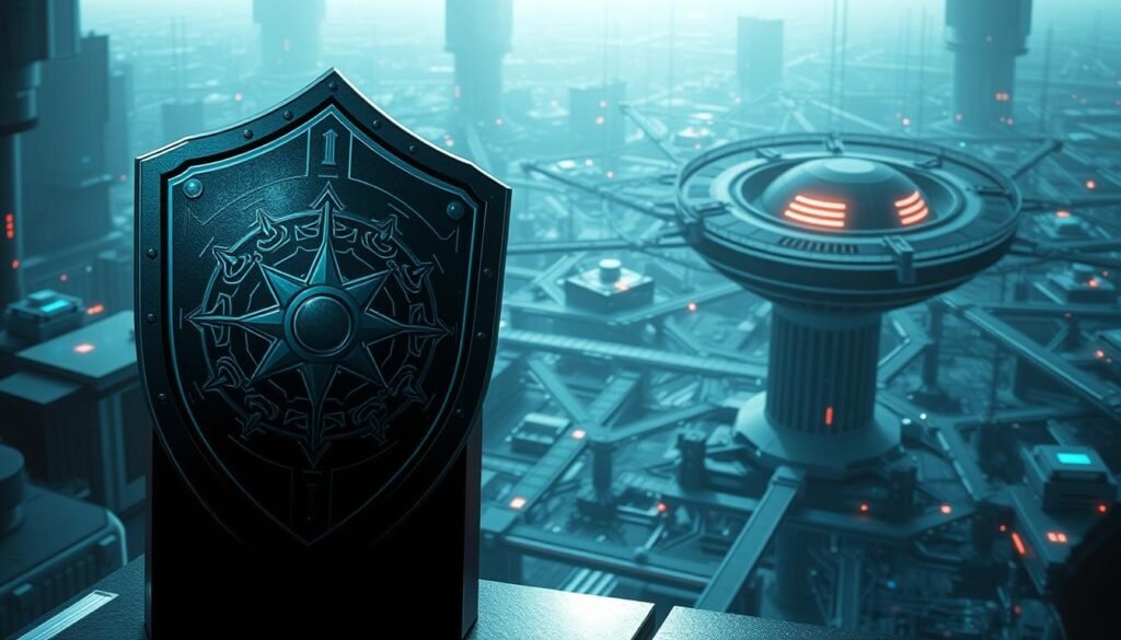 A secure digital fortress, standing tall against the polymorphic scourge. In the foreground, a sleek, multi-layered shield emblazoned with intricate defensive symbols, radiating an aura of resilience. The middle ground reveals a network of interconnected nodes, each a vigilant sentry, monitoring for the slightest anomaly. In the background, a vast, ethereal landscape of data streams and encrypted pathways, a testament to the advanced technologies safeguarding against the shape-shifting menace. Soft, directional lighting casts dramatic shadows, conveying a sense of vigilance and determination. The overall atmosphere exudes a mood of unwavering protection, a steadfast bulwark against the ever-evolving threats of the digital realm.