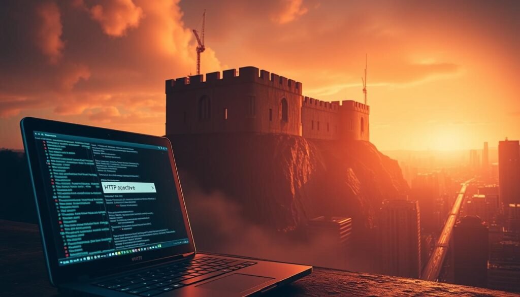 A secure digital fortress stands tall, its walls fortified against the ominous SSL stripping attack. In the foreground, a hacker's laptop displays a code-filled screen, hinting at the unseen dangers. The middle ground reveals a web browser, its URL bar showcasing the vulnerable HTTP protocol, a gateway for potential exploits. In the background, a cityscape pulses with the rhythmic flow of data, oblivious to the looming threat. Dramatic lighting casts long shadows, creating a sense of unease and the need for vigilance. This visually striking scene captures the risks of SSL stripping attacks, a cautionary tale of the importance of robust cybersecurity measures.