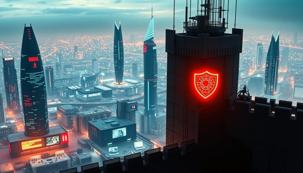 A secure digital fortress stands tall, its walls fortified against the onslaught of malicious code. In the foreground, an antivirus shield radiates a protective glow, its intricate mechanisms scanning for threats. The middle ground is a bustling command center, where analysts monitor a matrix of data streams, vigilantly identifying and neutralizing emerging vulnerabilities. In the background, a sleek, futuristic cityscape serves as a backdrop, hinting at the sophisticated technology powering this comprehensive malware prevention system. Soft, directional lighting casts dramatic shadows, emphasizing the importance and gravity of the task at hand. This image conveys a sense of resilience, preparedness, and the unwavering commitment to safeguarding digital assets from the persistent scourge of malware. A secure digital fortress stands tall, its walls fortified against the onslaught of malicious code. In the foreground, an antivirus shield radiates a protective glow, its intricate mechanisms scanning for threats. The middle ground is a bustling command center, where analysts monitor a matrix of data streams, vigilantly identifying and neutralizing emerging vulnerabilities. In the background, a sleek, futuristic cityscape serves as a backdrop, hinting at the sophisticated technology powering this comprehensive malware prevention system. Soft, directional lighting casts dramatic shadows, emphasizing the importance and gravity of the task at hand. This image conveys a sense of resilience, preparedness, and the unwavering commitment to safeguarding digital assets from the persistent scourge of malware.