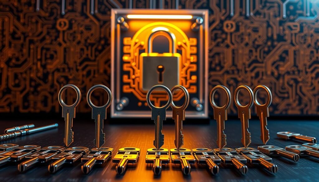 A secure digital fortress, with intricate cryptographic keys forming the foundation of a trustworthy computing environment. In the foreground, a collection of gleaming, metallic keys arranged in a symmetrical pattern, each reflecting the warm glow of a softly diffused light source. In the middle ground, a transparent display case showcases the keys, highlighting their importance as the building blocks of a secure boot process. The background is a subtly textured surface, hinting at the complex algorithms and protocols that underpin this crucial chain of trust, creating a sense of depth and technical sophistication.