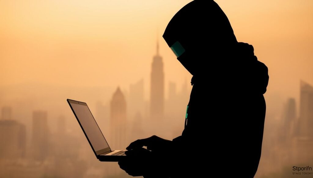 A secure digital silhouette stands resolute, shielding a laptop from prying eyes. Soft ambient lighting casts a warm glow, conveying a sense of privacy and protection. In the middle ground, a minimalist cityscape recedes into the distance, hinting at the vast, interconnected digital realm. The background is hazy, emphasizing the importance of maintaining anonymity in the ever-evolving online landscape. Subtle textures and muted tones contribute to an atmosphere of thoughtful introspection, underscoring the significance of safeguarding one's digital identity.