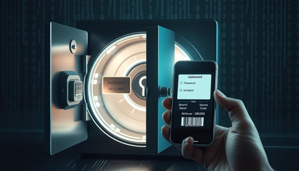 A secure digital vault with multiple authentication layers, including a password, biometric scanner, and two-factor code displayed on a smartphone screen. The vault is illuminated by soft, diffused lighting, creating a sense of sophistication and safety. The background features a subtle pattern suggestive of data encryption, emphasizing the importance of protecting sensitive information. The overall composition conveys the concept of multi-factor authentication as a robust safeguard against unauthorized access, critical for preventing data leakage in email communication.