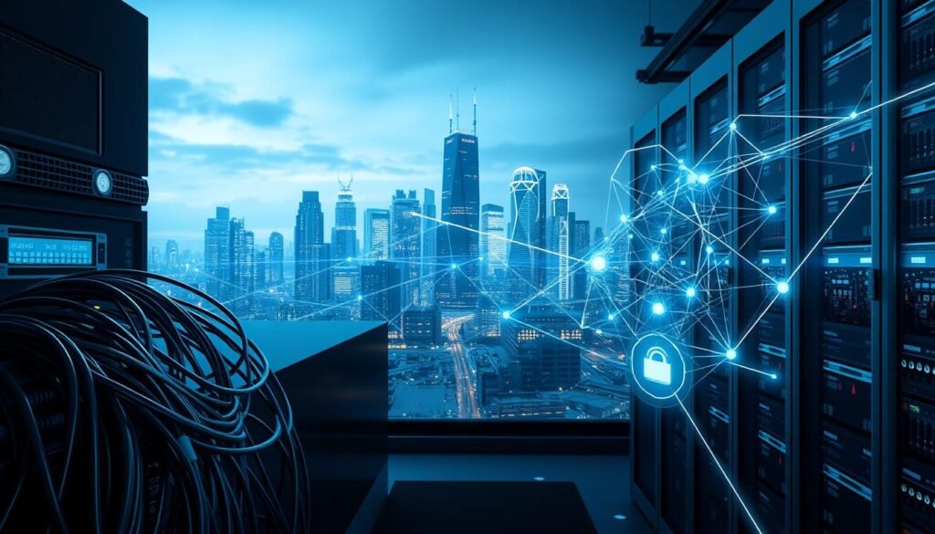 A secure, encrypted network infrastructure with redundant connections and robust cybersecurity safeguards. In the foreground, high-speed data cables and servers in a sleek, minimalist data center. In the middle ground, a holographic display showing real-time network activity and threat monitoring. In the background, a cityscape with towering skyscrapers connected by a web of glowing fiber optic lines, symbolizing the global reach of the financial network. Soft blue and white lighting casts a sense of trust and reliability. The scene conveys the importance of banking on a secure, resilient network infrastructure to protect sensitive financial data.