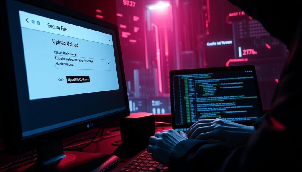A secure file upload interface, with a computer monitor in the foreground displaying upload restrictions being circumvented. In the middle ground, a hacker's hands manipulating code on a laptop, exploiting vulnerabilities. In the background, a dark, ominous cybersecurity landscape, with glowing lines of code and digital artifacts. Dramatic lighting casts dramatic shadows, conveying the gravity of the situation. The scene has a tense, high-stakes atmosphere, showcasing the technical complexity and potential consequences of bypassing file upload safeguards. A secure file upload interface, with a computer monitor in the foreground displaying upload restrictions being circumvented. In the middle ground, a hacker's hands manipulating code on a laptop, exploiting vulnerabilities. In the background, a dark, ominous cybersecurity landscape, with glowing lines of code and digital artifacts. Dramatic lighting casts dramatic shadows, conveying the gravity of the situation. The scene has a tense, high-stakes atmosphere, showcasing the technical complexity and potential consequences of bypassing file upload safeguards.