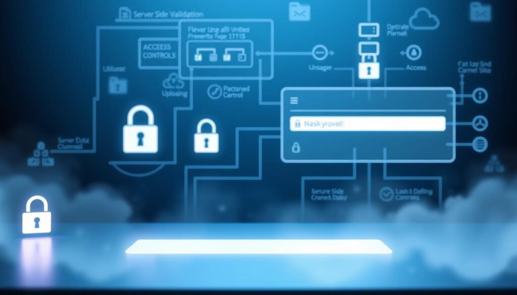 A secure file upload system, bathed in soft, diffused lighting. In the foreground, a sleek, modern web interface with a prominent file input field. Subtle padlock icons and encrypted data streams convey the secure nature of the transfer. The middle ground features a server-side validation process, examining file types and sizes to prevent malicious uploads. In the background, a network diagram illustrates the secure communication channels, firewalls, and access controls that protect the system. The overall atmosphere is one of confidence and assurance, conveying the robust security measures in place to safeguard sensitive data. A secure file upload system, bathed in soft, diffused lighting. In the foreground, a sleek, modern web interface with a prominent file input field. Subtle padlock icons and encrypted data streams convey the secure nature of the transfer. The middle ground features a server-side validation process, examining file types and sizes to prevent malicious uploads. In the background, a network diagram illustrates the secure communication channels, firewalls, and access controls that protect the system. The overall atmosphere is one of confidence and assurance, conveying the robust security measures in place to safeguard sensitive data.