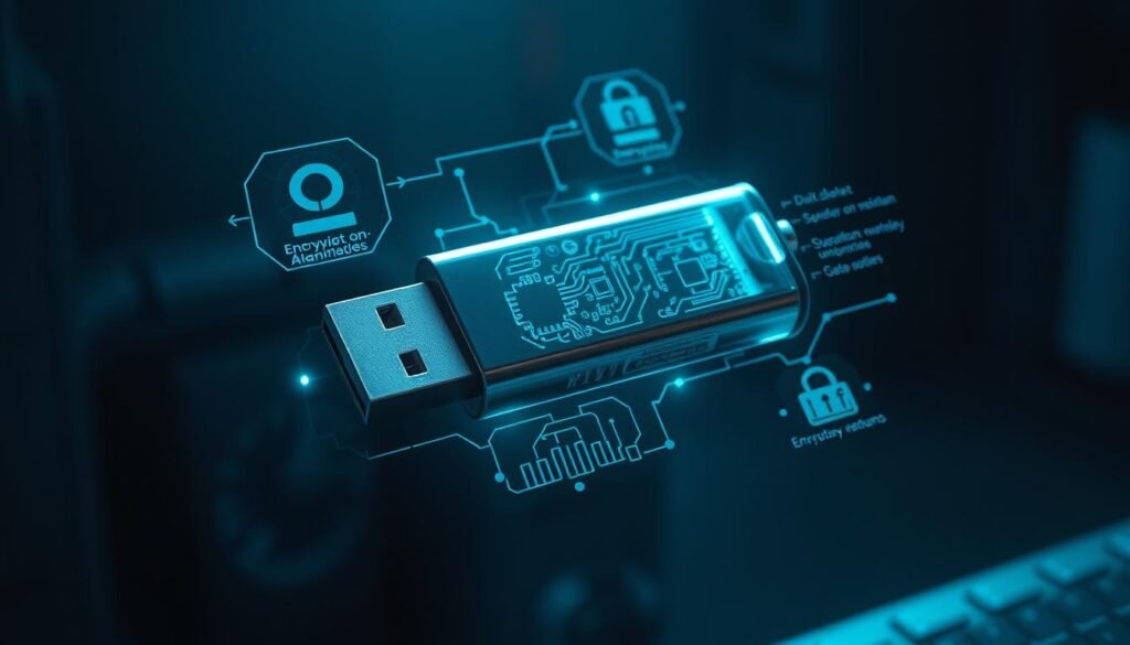 A secure flash drive floating in a dimly lit, high-tech environment. The drive is encased in a sleek, metallic shell, with glowing circuit board patterns etched into its surface. Subtle holographic displays flicker around the drive, showcasing encryption algorithms and data security protocols. The background is a blend of dark, moody tones and subtle, ambient lighting, creating an atmosphere of digital protection and technological sophistication. The overall scene conveys the importance of safeguarding sensitive data stored on portable USB drives through robust encryption and security measures.
