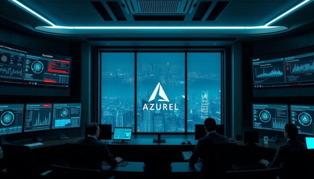 A secure, modern cybersecurity control room, with multiple large displays showing real-time security metrics, threat intelligence, and compliance dashboards. The room is dimly lit, with subtle blue and green lighting accentuating the sleek, minimalist design. In the foreground, a team of security analysts monitors the screens, their expressions focused and determined. The middle ground features an Azure Sentinel logo, symbolizing the centralized security platform. In the background, a large window overlooking a city skyline, representing the breadth of the organization's security reach. The overall atmosphere is one of vigilance, efficiency, and technological sophistication.