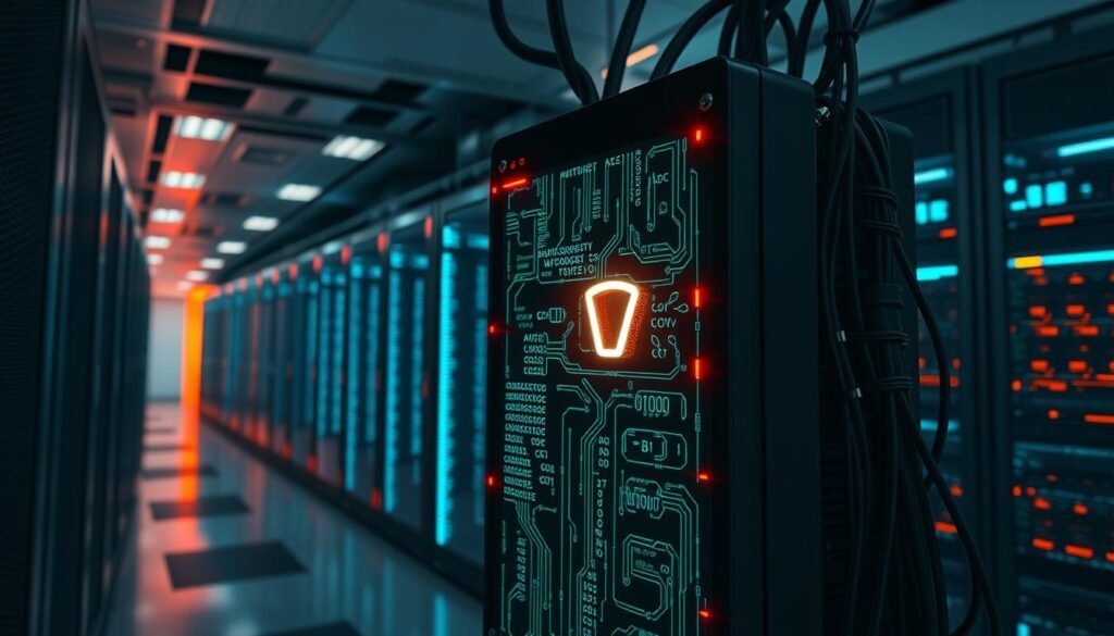 A secure network firewall standing tall, guarding the digital realm. Intricate lines of code weave a protective barrier, shielding against cyber threats. Glowing neon lights dance across the surface, signaling the firewall's vigilance. In the background, a sleek, futuristic data center hums with activity, its servers and cables forming a technological landscape. Subtle shadows and highlights accentuate the firewall's robust construction, conveying a sense of unwavering strength and resilience. The scene is illuminated by a warm, diffused lighting, creating an atmosphere of confidence and security. The overall composition evokes a sense of the firewall's critical role in safeguarding the network and its connected devices.
