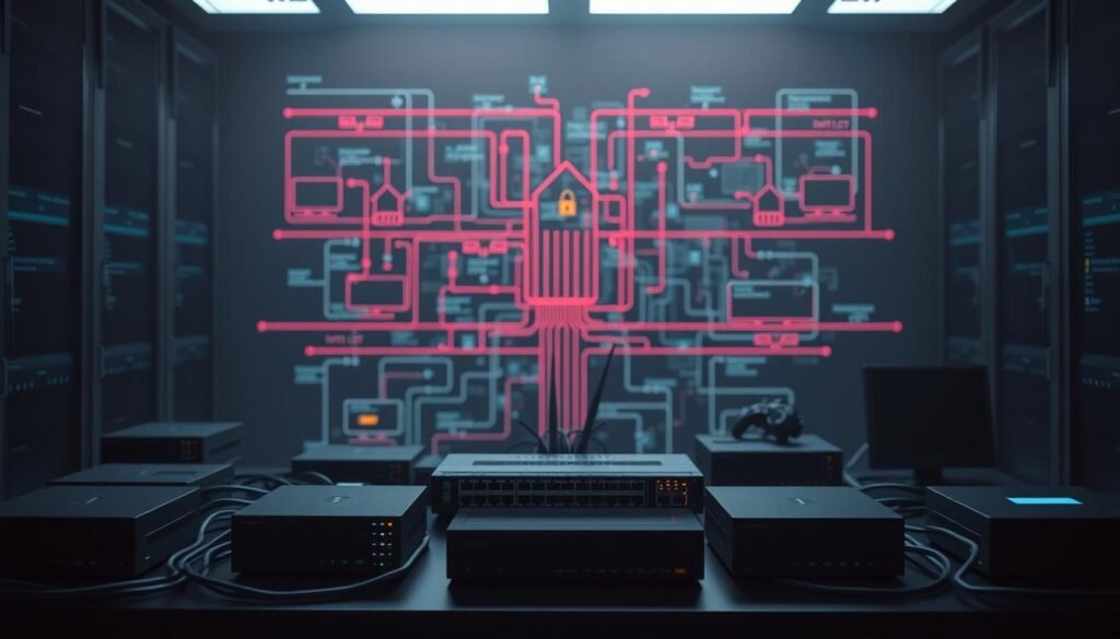 A secure network infrastructure with a VLAN topology, showcasing a central switch connecting multiple subnets. In the foreground, a clean and organized arrangement of network devices, including routers, servers, and client computers, each visually distinct and properly positioned. The middle ground depicts the VLAN segmentation, with color-coded boundaries and clear delineation of the different network zones. In the background, a subtle yet detailed representation of network protocols and data flows, conveying the technical complexity of the system. The lighting is soft and diffused, creating a sense of professionalism and precision. The overall atmosphere is one of control, security, and a well-planned home lab environment.