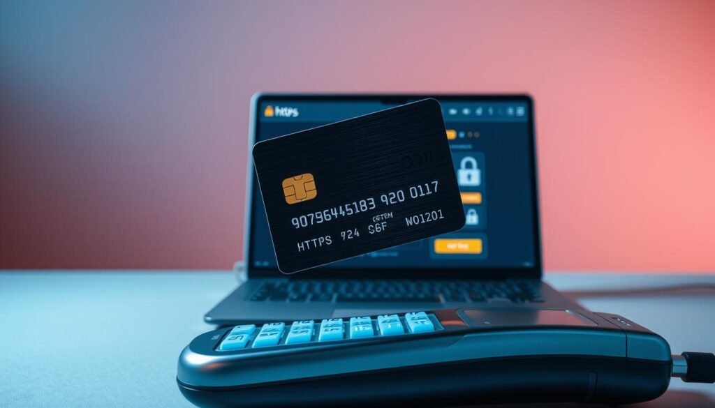 A secure payment gateway set against a backdrop of a sleek, modern online store. In the foreground, a credit card hovers above a digital payment terminal, illuminated by soft, diffused lighting. The terminal's surface reflects the card's shiny metallic trim, conveying a sense of high-tech, encrypted security. The middle ground features a laptop displaying a checkout page, with padlock icons and "HTTPS" prominently displayed, assuring customers of a protected transaction. The background fades into a minimalist, gradient-based design, creating a clean, professional atmosphere. Warm hues of blue and grey predominate, evoking trust and reliability. The overall composition emphasizes the seamless, encrypted nature of the e-commerce experience.