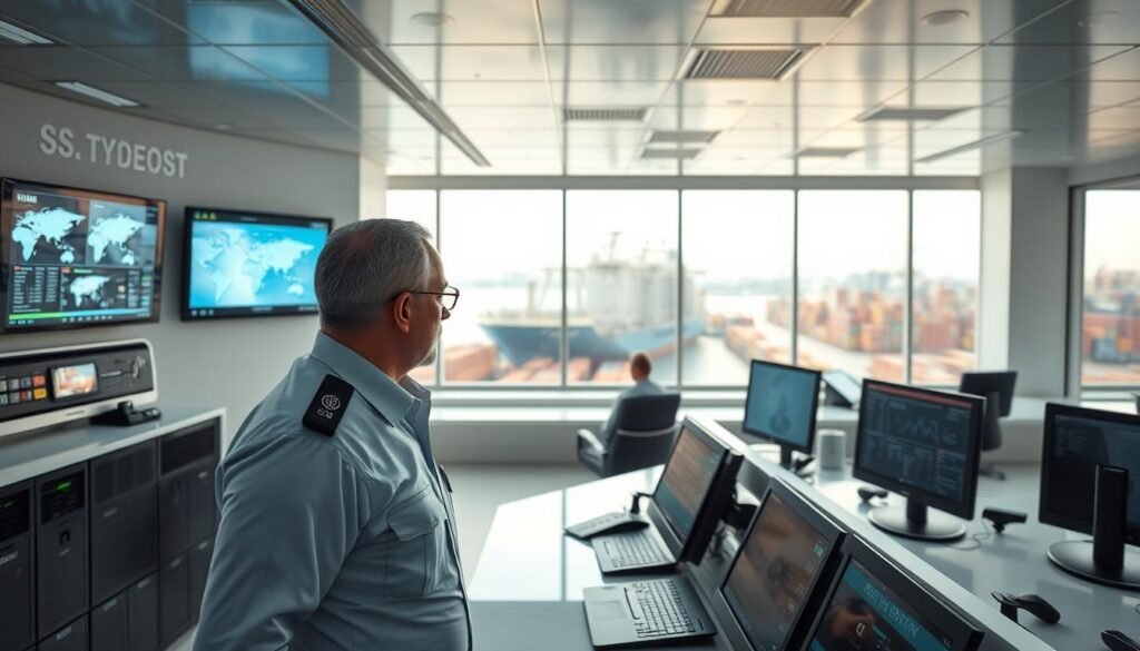A secure port control station with a watchful security officer monitoring multiple surveillance screens. The sleek, modern facility features a well-lit, minimalist interior with clean lines and a calming, professional atmosphere. In the foreground, the security officer, dressed in a crisp uniform, analyzes data and scans for potential threats with a focused expression. Sophisticated security systems, including biometric scanners and access control panels, are visible in the middle ground. The background showcases the bustling activity of the port, with ships and cargo containers visible through large windows, conveying the importance of robust port security practices. A secure port control station with a watchful security officer monitoring multiple surveillance screens. The sleek, modern facility features a well-lit, minimalist interior with clean lines and a calming, professional atmosphere. In the foreground, the security officer, dressed in a crisp uniform, analyzes data and scans for potential threats with a focused expression. Sophisticated security systems, including biometric scanners and access control panels, are visible in the middle ground. The background showcases the bustling activity of the port, with ships and cargo containers visible through large windows, conveying the importance of robust port security practices.
