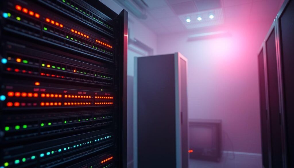 A secure server room bathed in a soft, ambient glow. In the foreground, a rack of gleaming network switches and routers, their status lights blinking in a rhythmic pattern. In the middle ground, a server cabinet stands tall, its sleek, monochrome exterior hinting at the powerful computational infrastructure within. The background is hazy, with a subtle depth of field effect, drawing the viewer's attention to the essential networking equipment. The overall mood is one of quiet efficiency and technological mastery, conveying the sense of a well-protected, reliable digital infrastructure. A secure server room bathed in a soft, ambient glow. In the foreground, a rack of gleaming network switches and routers, their status lights blinking in a rhythmic pattern. In the middle ground, a server cabinet stands tall, its sleek, monochrome exterior hinting at the powerful computational infrastructure within. The background is hazy, with a subtle depth of field effect, drawing the viewer's attention to the essential networking equipment. The overall mood is one of quiet efficiency and technological mastery, conveying the sense of a well-protected, reliable digital infrastructure.
