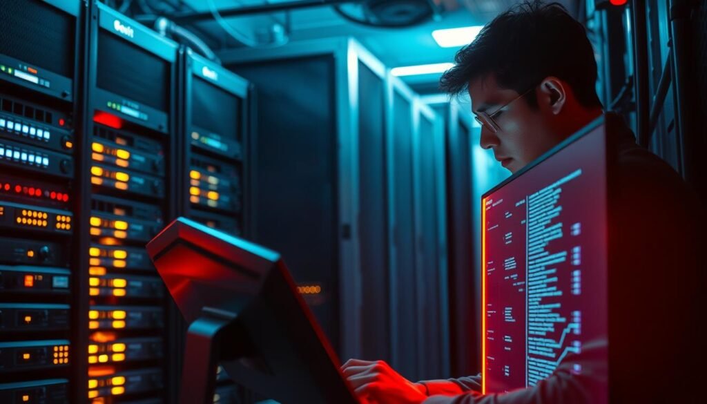 A secure server room, bathed in a warm, ambient glow. In the foreground, a developer intently reviews code on a sleek, high-resolution monitor, their face illuminated by the display's soft light. Surrounding them, a series of hardened firewalls and network appliances, their blinking indicator lights conveying a sense of vigilance. In the background, a towering server rack, its gleaming metal chassis a testament to the infrastructure's robust security measures. The atmosphere exudes a sense of controlled power and unwavering protection against potential threats, capturing the essence of "path traversal prevention" in a production environment.