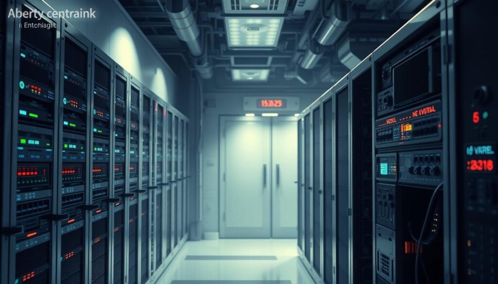 A secure server room bathed in soft, diffused lighting. In the foreground, a rack of enterprise-grade servers, their sleek metallic casings gleaming. Atop each server, a series of blinking indicator lights and status panels, conveying the real-time health and security of the systems. In the middle ground, a network switch with neatly organized ethernet cables, and a firewall appliance with its array of status LEDs. The background features a sophisticated access control system, with biometric scanners and RFID keypads, ensuring only authorized personnel can enter. The overall atmosphere is one of meticulous attention to detail, with every aspect of the server infrastructure meticulously configured to protect against potential threats.
