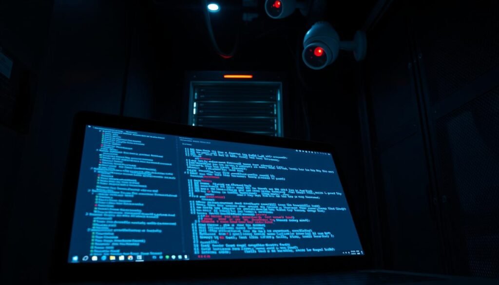 A secure server room, dimly lit, with ominous shadows creeping across the walls. In the foreground, a laptop screen displays lines of code - a hidden backdoor infiltrating the system. The middle ground shows a network cable snaking its way through the room, connecting the laptop to the server rack. In the background, a security camera surveys the scene, its red light blinking ominously. The atmosphere is tense, the lighting moody, conveying the seriousness and danger of a real-world backdoor attack. A secure server room, dimly lit, with ominous shadows creeping across the walls. In the foreground, a laptop screen displays lines of code - a hidden backdoor infiltrating the system. The middle ground shows a network cable snaking its way through the room, connecting the laptop to the server rack. In the background, a security camera surveys the scene, its red light blinking ominously. The atmosphere is tense, the lighting moody, conveying the seriousness and danger of a real-world backdoor attack.