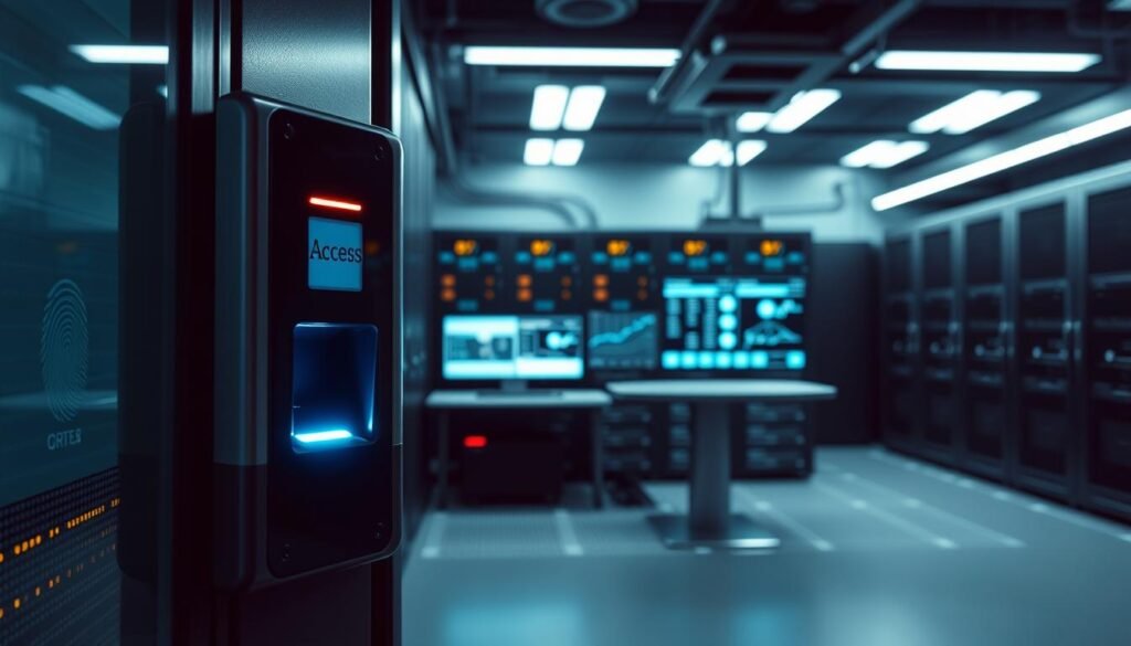 A secure server room with a biometric access control system. In the foreground, a fingerprint scanner glows softly, waiting to verify authorized personnel. In the middle ground, a sleek, modern security console displays real-time access logs and monitoring feeds. The background is a dimly lit, temperature-controlled environment, with servers and networking equipment neatly arranged, protected by layers of physical and digital safeguards. Subtle ambient lighting casts a professional, authoritative atmosphere, conveying the importance of controlling who can access this critical infrastructure.