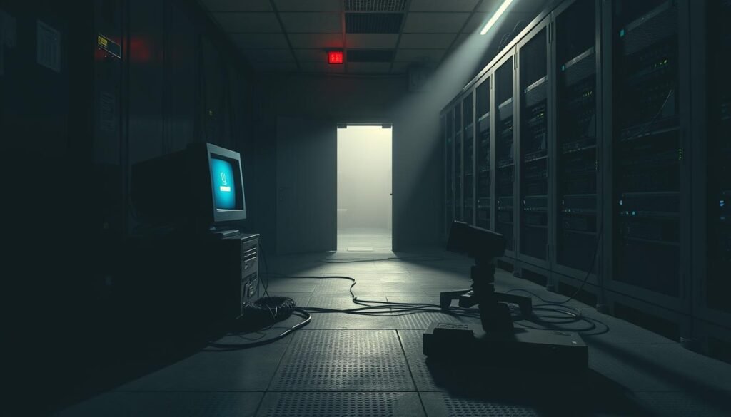 A secure server room with dimmed lighting, casting long shadows across the floor. In the foreground, an unassuming computer terminal blinks innocuously, its screen displaying a login prompt. Cables and equipment clutter the desk, creating a false sense of authenticity. In the middle ground, a hidden camera discretely captures any would-be intruders. The background is hazy, with a sense of cautious anticipation, as if the room is waiting to spring a trap. The image conveys a tense, high-stakes atmosphere, where a seemingly innocuous honeypot setup conceals the potential for intense cyber conflict.