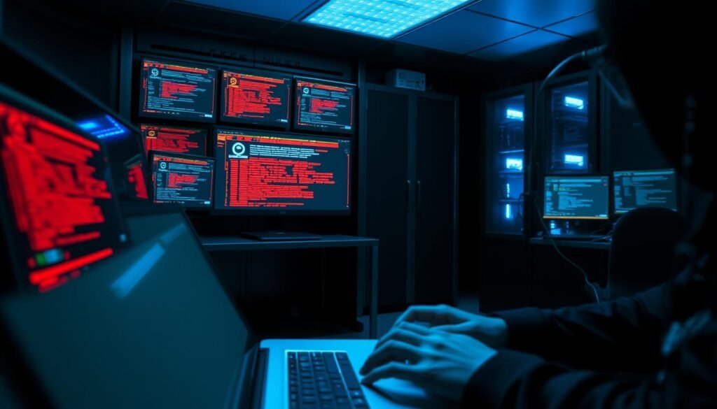A secure server room with multiple honeypot systems displayed on various workstations. The room is dimly lit, with a blue tint from the screens casting an eerie glow. In the foreground, a red team hacker's laptop is visible, their hands poised over the keyboard as they attempt to infiltrate the honeypot systems. In the background, a blue team member monitors the network activity, ready to respond to any detected threats. The scene conveys the tension and strategic nature of a red and blue team exercise, with the honeypots serving as the battleground for this cybersecurity simulation.
