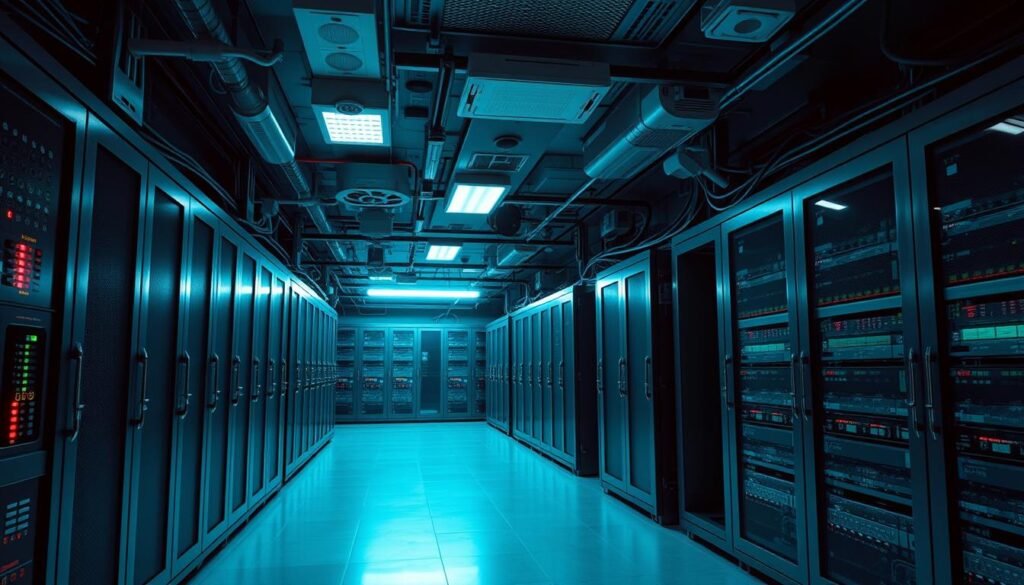A secure server room with multiple layers of security measures. In the foreground, biometric scanners and keypad locks control access to the server racks. The middle ground features robust fire suppression systems and environmental monitoring sensors. The background showcases a network of CCTV cameras and motion detectors, creating a comprehensive physical and digital security perimeter. The lighting is subdued, with a slightly cool tone, conveying a sense of professionalism and vigilance. The overall atmosphere radiates an air of diligent prevention, with every detail meticulously designed to safeguard the critical infrastructure.