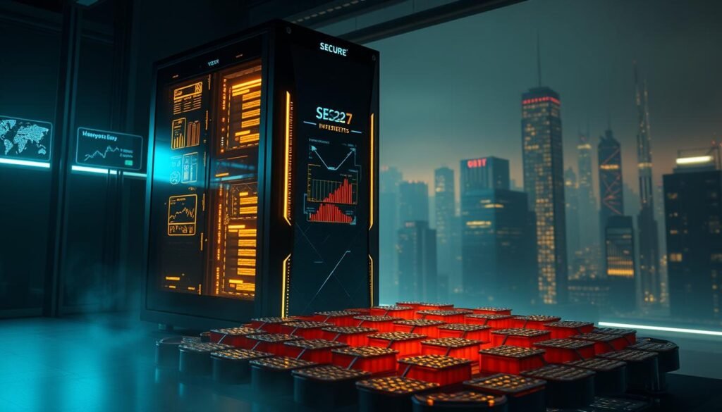 A secure server standing tall, its sleek black chassis exuding an air of authority. Holographic displays flicker with intricate cybersecurity metrics, casting a warm glow over the dimly lit room. In the foreground, a honeycomb structure symbolizes the trap set to lure and analyze potential threats, its intricate patterns casting mesmerizing shadows. The background features a stylized, futuristic cityscape, conveying the vast digital landscape where these defensive measures are deployed. Diffused lighting creates a sense of depth and mystery, while the overall composition suggests the power and elegance of honeypot-based cybersecurity strategies.